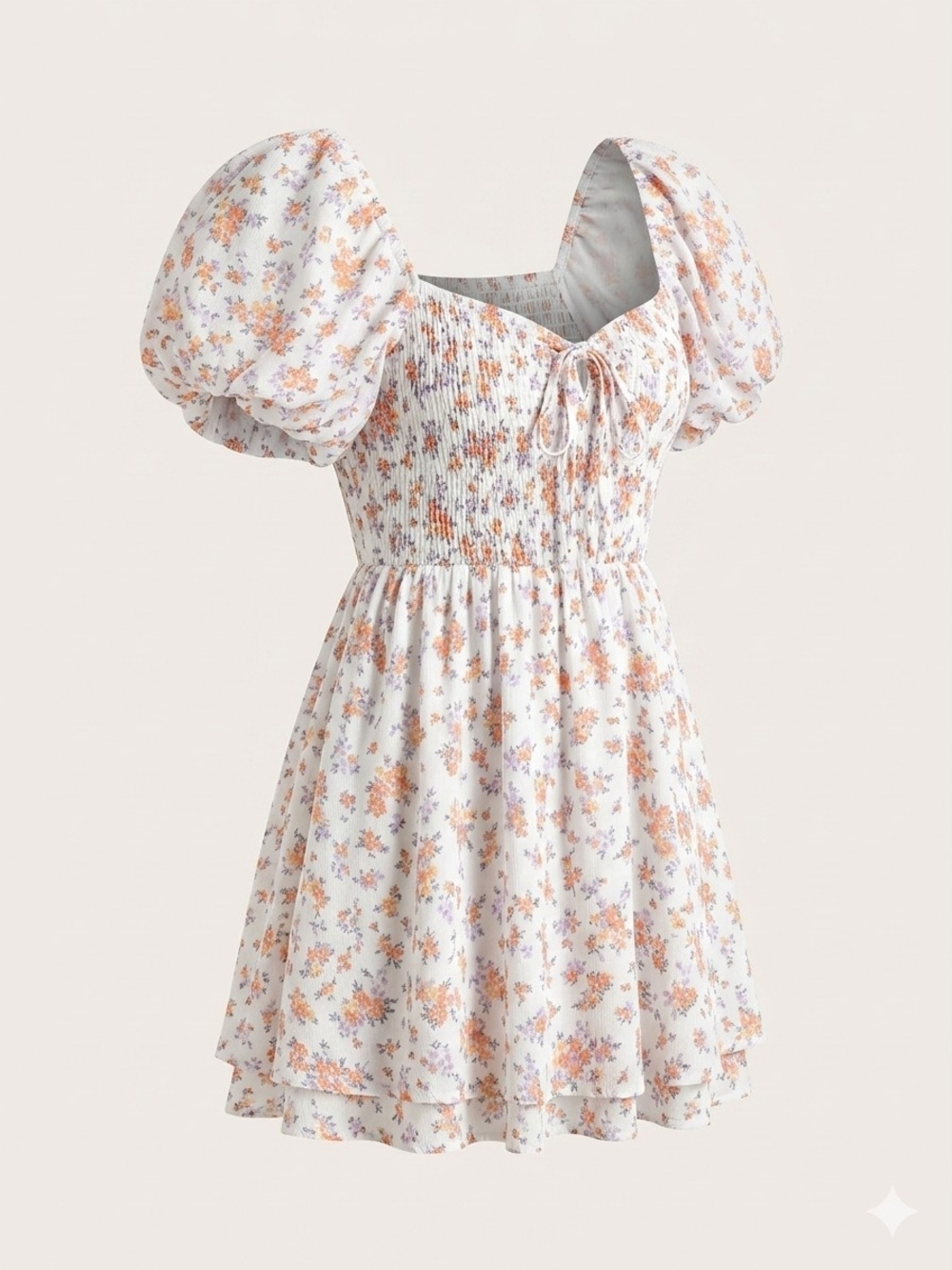 Floral Puff-Sleeve Mini Dress in White and Peach